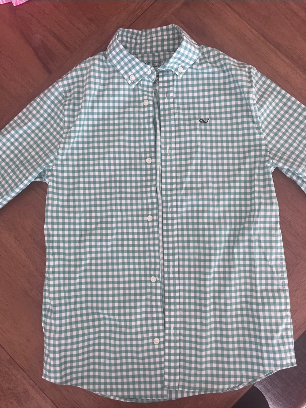 Vineyard Vines boys Green and White Gingham Button-Down Shirt OTG performanc